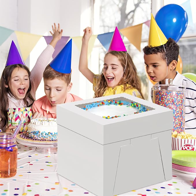 WINKIO Cake Box with Cake Boards, 10 Pack Disposable Cake Carrier, Cakes Transport Container, White Bakery Holder with Window (10, white, 10x10x8 Inches)