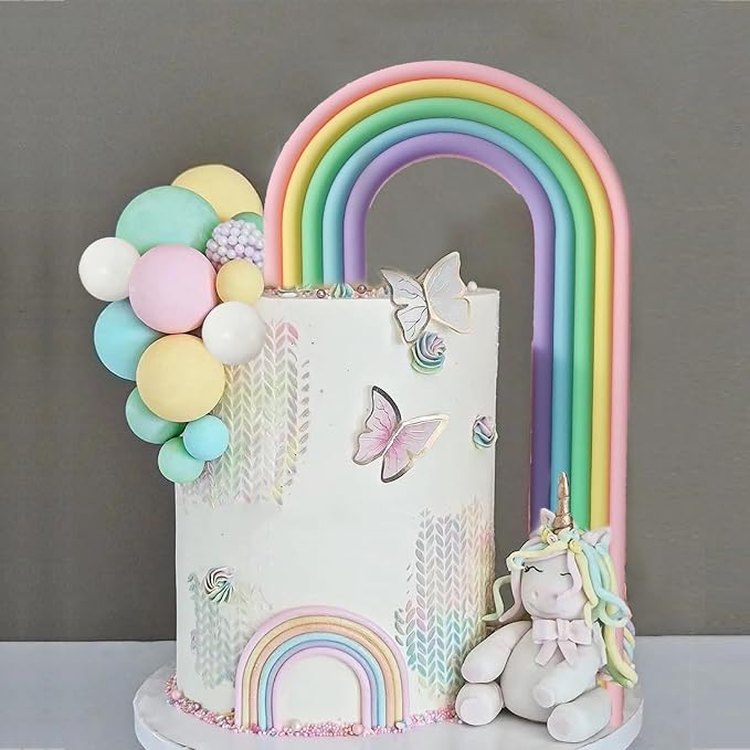 28PCS Rainbow Cake Toppers Colorful Balls Cake Decorations for Wedding Baby Shower Girls Boys Birthday Party Supplies (Macaron)