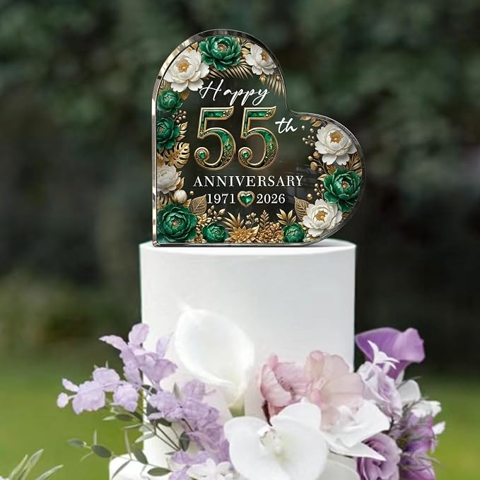 55th Anniversary Cake Topper Acrylic,55 th Anniversary Decorations & Keepsake Gift for Couples(55th Anniversary-Green Floral)