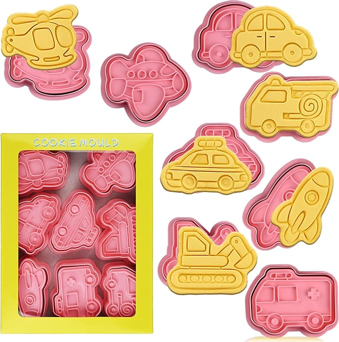 Transportation Vehicle Cookie Cutters With Plunger Stamper,8 Piece Transportation Theme Embossing Cutter For Fondant Biscuit Pastry Cheese Baking