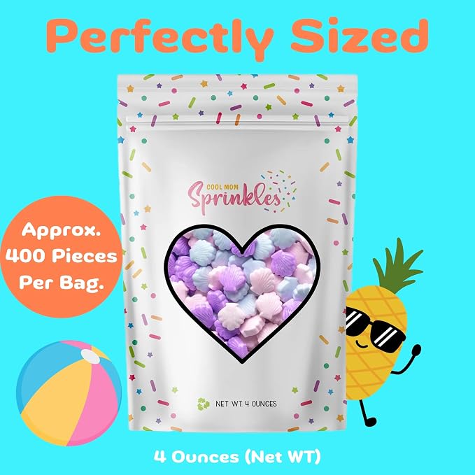 COOL MOM SPRINKLES Seashell Sprinkles (4 oz.) – Tropical Beach Summer Themed Sprinkles for Decorating Ocean Cakes, Cupcakes, Cookies & Desserts – Mixed in the USA/Gluten-Free