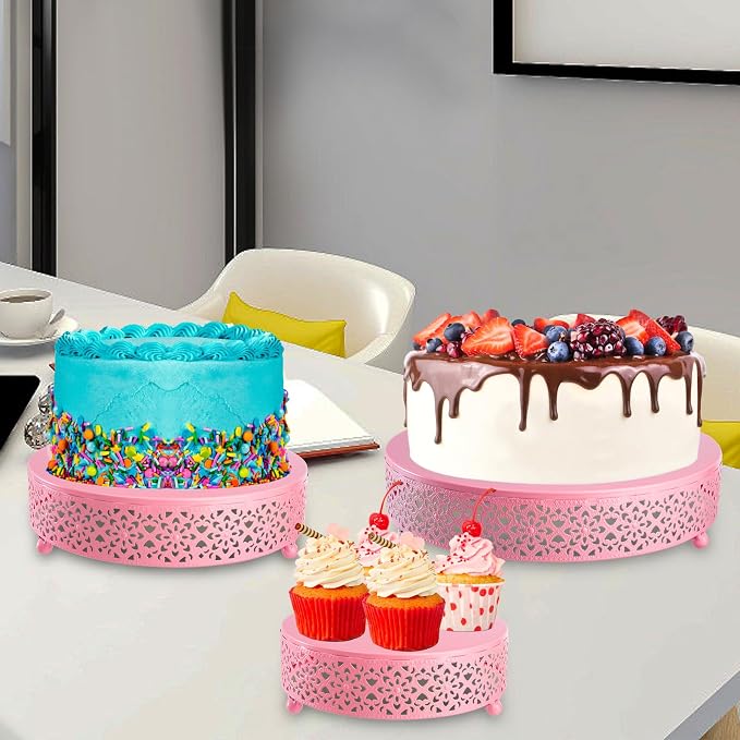 Hedume 3-Piece Metal Cake Stand Set, Pink Round Cake Stand, Dessert Cupcake Pastry Candy Display Plate for Wedding, Birthday Party, Event