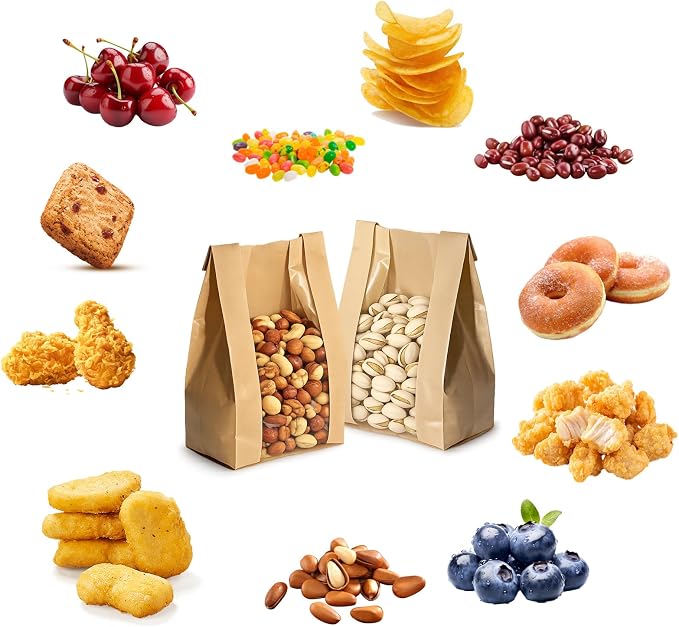 WIKDAY Bakery Bags with Window 25PCS Paper Cookie Bags Small Pastry Bags for Baked Goods Gift Giving Snack Treat Desert Packaging Storage Includes 25PCS Label Seal Stickers 3.5x2.3x7.5in