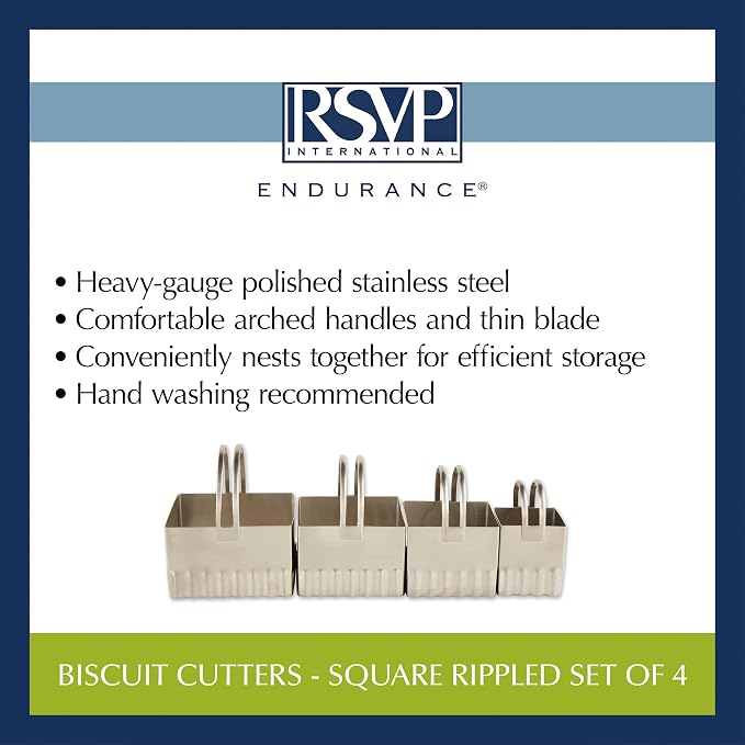 RSVP International Endurance Biscuit Cutters, Rippled Square Set of 4, Stainless