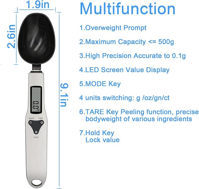 Kitchen Digital Measuring Spoon Food Scale Digital Multi-Function Small Digital Spoon Scale, Weight from 0.1 Grams to 500 Grams Support Unit g/oz/gn/ct (with 2 AAA Batteries)-LCD Display