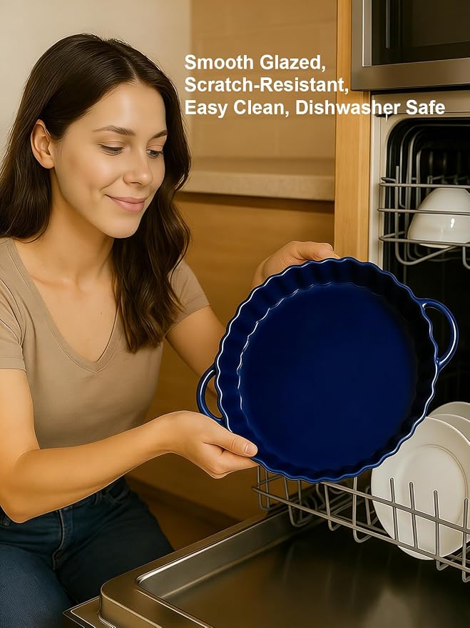 10×2in Deep Ceramic Pie Pan with Handles for Pie Quiche Tart Baking. Easy to grip, Lead-Free. Casserole Lasagna Dish for Thanksgiving Christmas Gift. Oven Microwave Dishwasher Safe. Blue
