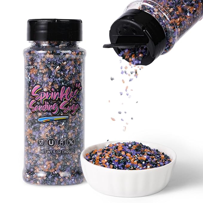 Sujoygar Halloween Sanding Sugar Sprinkles, 5oz Edible Black Purple and Orange Cake Sprinkles for Chocolate Ice Cream Toppings Cupcake Decoration Halloween Party Cookies Baking Dessert Food Supplies