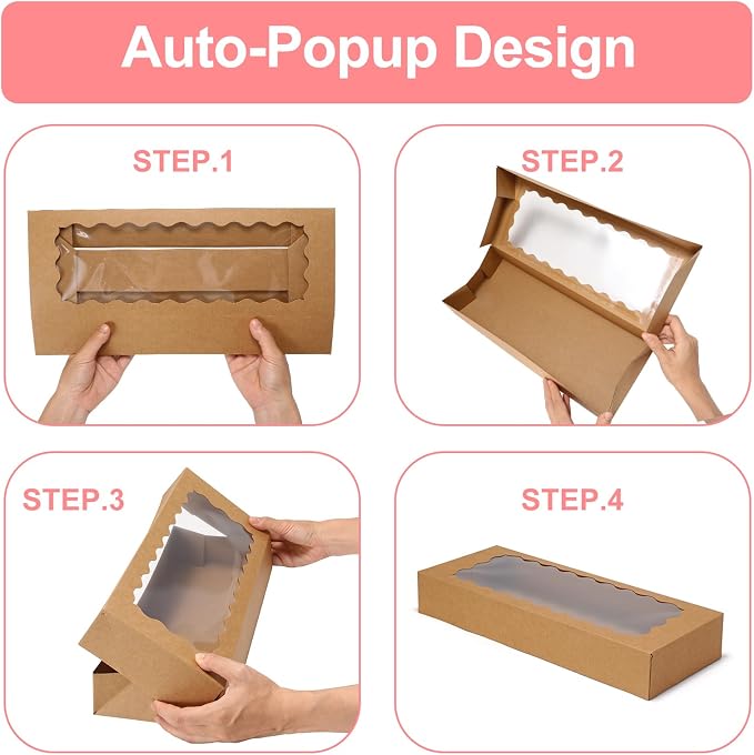 24 Pack Bakery Boxes with Window, 16x6.5x2.5 Inch Brown Auto-Popup Cookie Box with Ribbon and Sticks, Long Treat Boxes for Cookies for Strawberries, Champagne, Cake Pops, Donuts