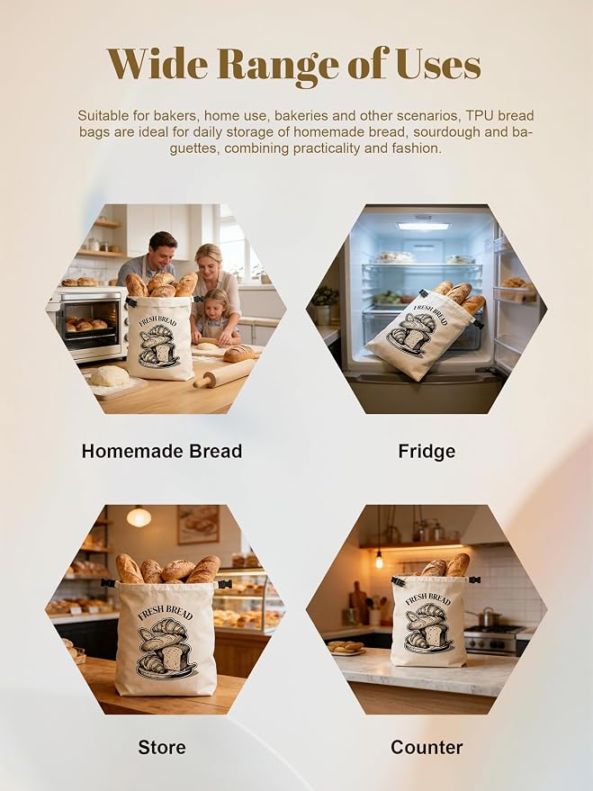 Reusable Bread Bag for Homemade Bread, 17x13 Inch XL Linen Cotton Sourdough Bread Storage Bags with TPU Lining, Kitchen Essentials Sourdough Bag with Roll-top Buckle to Keep Fresh Longer