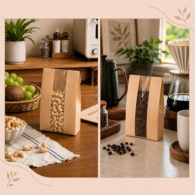 50 Pack Cookie Bags with Window, 3.5"x 2.3"x7.5" Kraft Paper Bakery Bags with Stickers for Snack, Cupcake, Popcorn, Coffee Bean, Party Favor, Cookie Packaging