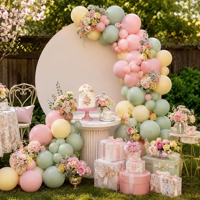 Pink and Green Balloon Arch Kit, 122Pcs Dusty Green Macaron Pink Yellow Matte Balloons for Girls Flower Birthday Bridal Wedding Engagement Floral Baby Shower Anniversary Tea Party Decorations