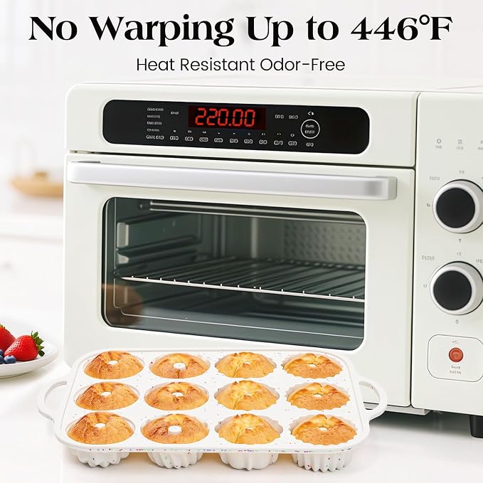 Vinino 3 Inch Silicone Mini Fluted Tube Cake Pan with Metal Reinforced Frame, 4 Different Shapes, 12-Cavity Mini Flan Mold, Nonstick Baking Pan for Mini Donuts, Jello, Pudding, Brownies, 2 Pack