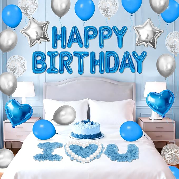 Blue Happy Birthday Balloons Decorations Light Blue Silver Birthday Balloon Letters Banner with Star Heart Balloons 1000 Pcs Artificial Rose Petals 24 Flameless LED Candles for Birthday Party Supplies