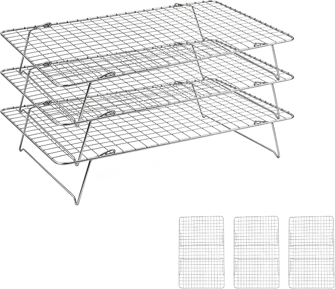 Cooling Rack, 3 Tier Stackable Cooling Racks for Cooking Baking Roasting, Multi-Level Collapsible Cookie Rack for Cakes, Oven Safe & Easy Clean (Silver, 3-Tier)