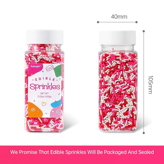 Red Pink and White Sprinkles, 100g Valentines Jimmies Sprinkles for Cupcake Toppers Cake Decorating Cookies Baking Dessert for Valentines Girls Pink Party Food Decorations
