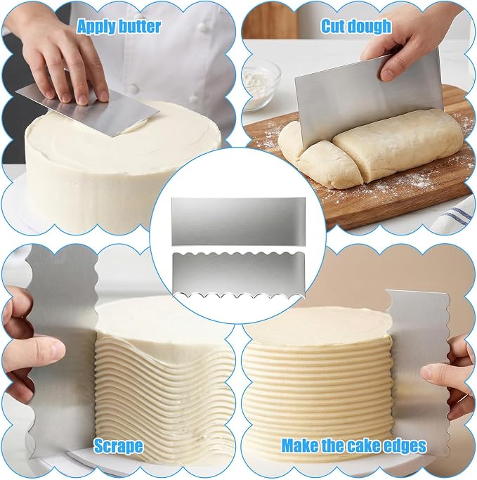 Xinjoduz 2 PCS Stainless Steel Metal Cake Scraper Smoother, 8.7" Double Sided Patterned Stripe Edge Icing Smoother Scraper Cake Decorating Supplies for Frosting Butter Mousse Cream Decoration
