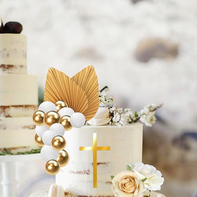 Rsstarxi Gold Cross Cake Decoration with White Gold Rose Balloon Cake Picks for Baptism Baby Shower Wedding Birthday Party DIY Cake Decorations Supplies