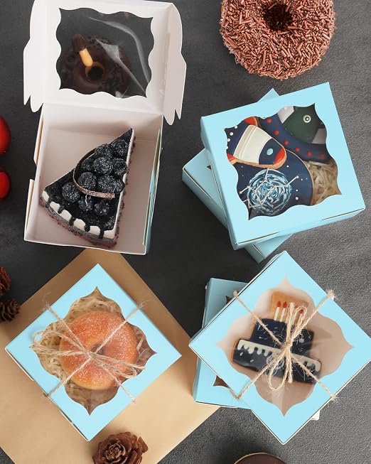 qiqee Light Blue Bakery Boxes with Window 55pcs 4x4x2.5 Mini Cookie Boxes Macaron Boxes Small Donut Pastry Boxes for Party