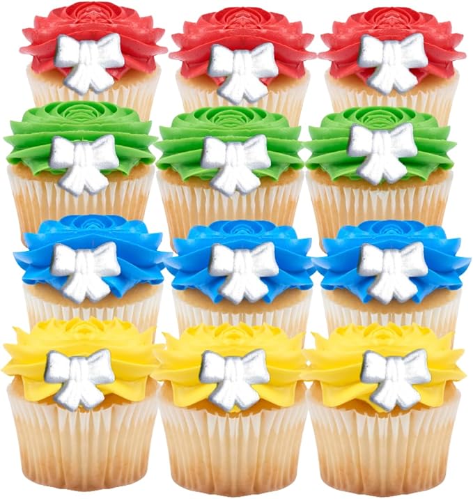 Ready to Use Sugar Decoration Toppers For Cake Cupcakes Cookies and More (White Bow)