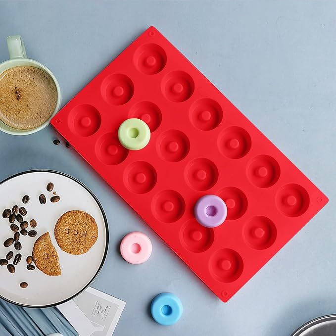 2er Pack Silicone Donut Mold - Non-Stick Silicone Doughnut Pan DIY Chocolate Baking Cookie Molds, Heat Resistant, Make Donut Cake Biscuit Bagels, BPA Free Dishwasher Safe (red, 18 Cavities)
