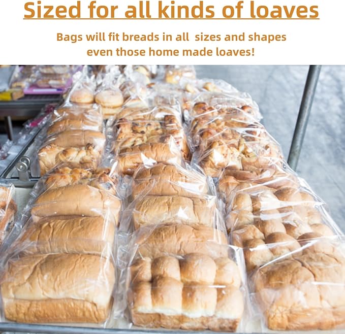 Large Bread Bags with Ties, 8 x 4 x 18", 100 Pack, Clear, Reusable, Bulk Bread Bags for Homemade Bread, Plastic Bakery Bags, Clear Bread Loaf Packing Bags