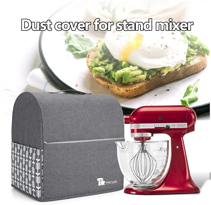 YARWO Stand Mixer Dust Cover Compatible with KitchenAid Mixer 4.5 qt -5 qt | Top Handle, Side Pockets for Kitchen Accessory, Dust-proof Protective Cover for Tilt-Head 4.5/5 qt, Washable, Gray with Arrow
