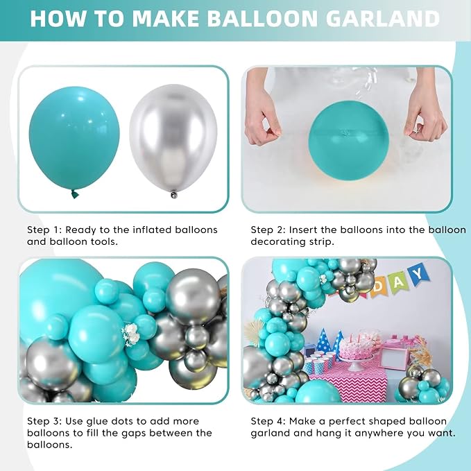 Teal Balloon Garland Kit, 100 Pcs Metallic Silver and Teal Blue Balloon Garland Kit, Turquoise Teal Blue Metallic Silver Balloons Different Sizes for Baby Shower Birthday Wedding Party Decorations