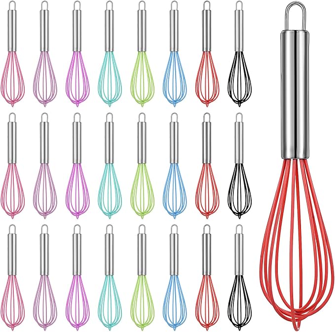 24 Pcs 8 Inch Whisks Bulk for Cooking, Silicone Whisks Non Scratch Stainless Steel Hand Whisk Large Coated Metal Heat Resistant Egg Beaters for Cooking