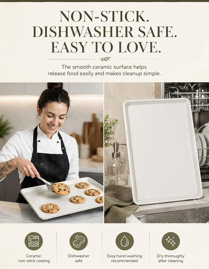 Boxiki Kitchen Ceramic Baking Sheet Half Size 17"x11" - Heavy Duty 0.6mm Aluminized Steel Pan, KFCC Ceramic Coating Nonstick Cookie Sheet, Oven Safe to 550°F, Rustproof & Warp Resistant Baking Tray
