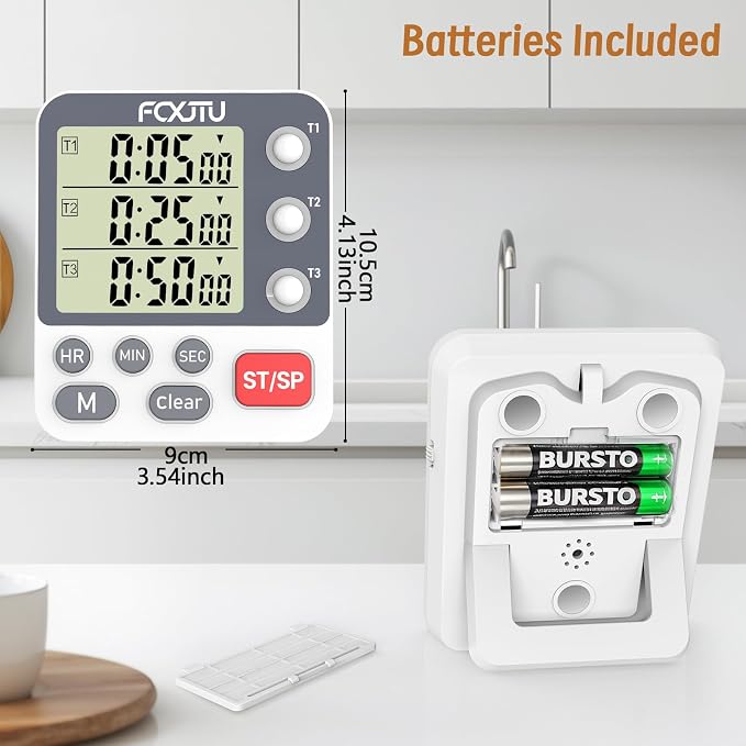 Digital Dual Kitchen Timer, 3-Channel Magnetic Countdown Stopwatch Timer for Cooking, Large Display, Loud Alarm, 100Hr Multi Food Classroom Timer for Seniors & Teachers (Battery Included)