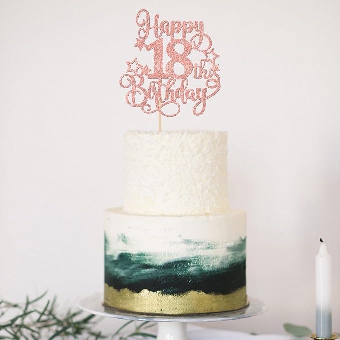 1 PCS Happy 18th Birthday Cake Topper Glitter Cheers to 18 Years Birthday Cake Pick Hello 18 Fabulous Cake Decoration for Happy 18th Birthday Anniversary Party Decorations Supplies Rose Gold