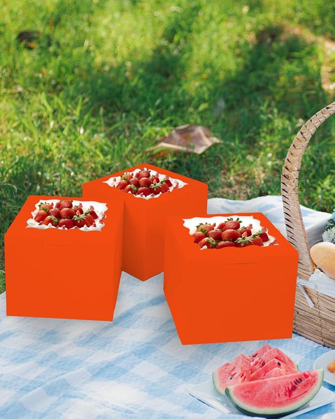 Bakepacker 36pcs 8x8x5 Inches Cake Boxes with Window 18-Packs Orange 8 Inch Bakery Boxes (18 Cake Boxes +18 Cake Boards Included)