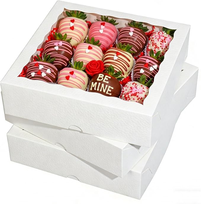 25Pack 9X9X2.5 Inches White Bakery Boxes with Window, Pastry Box for Chocolate Strawberries, Macarons, Truffles, Ideal for Valentine's Day, Mother's Day, Christmas Party Favors & Holiday