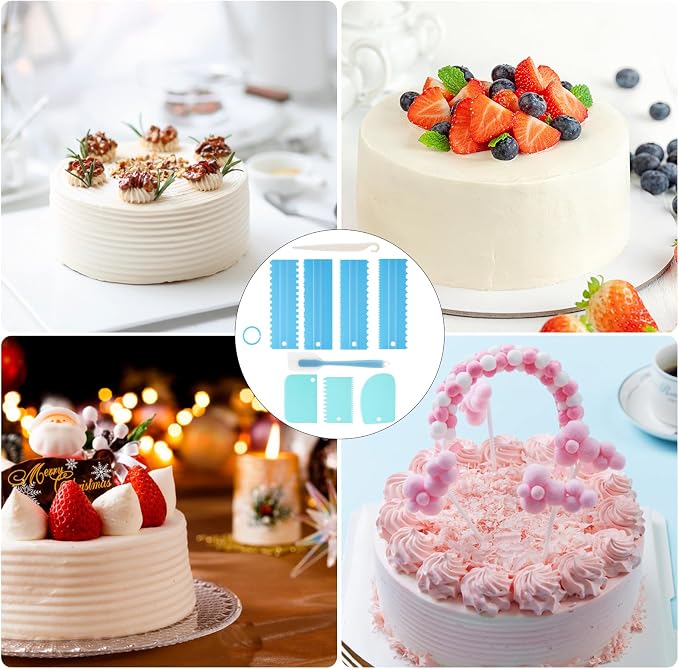 9PCS Cake Scraper Set with Cake Scraper Smoother Set, Adjustable Icing Scraper Polisher Tool, Cake Decorating Comb, Icing Smoother Plastic Sawtooth,Cake Icing Kitchen Baking Cake Edge(Blue)