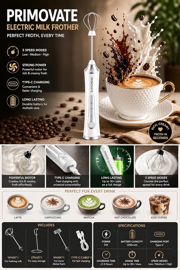 Rechargeable Milk Frother Handheld, Electric Coffee Frother with 2 Whisk, 3-Speed Powerful Drink Mixer, USB-C, Milk Foamer for Coffee,Latte,Cappuccino,Matcha & HotChocolate(White + Stand)