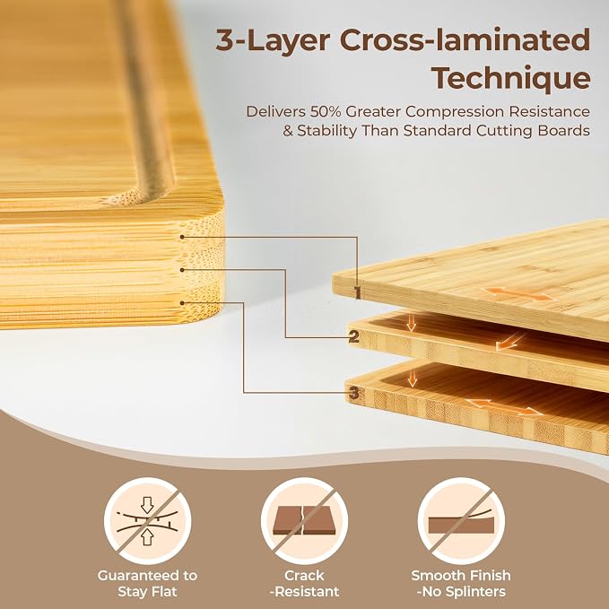 Bamboo Cutting Boards Large Set of 4 for Kitchen+Bread Slicer with Bread Knife