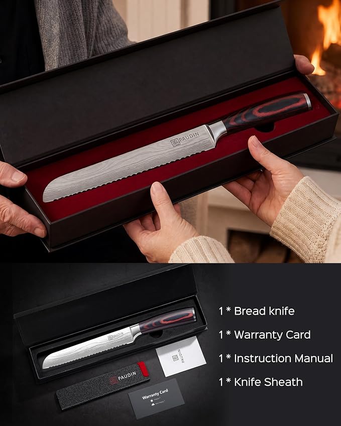PAUDIN Bread Knife 8", Ultra Sharp Wave Edge - Forged Premium German HC Stainless Steel, Serrated Bread Knife for Homemade Bread and Sourdough Bread, Pakkawood Handle