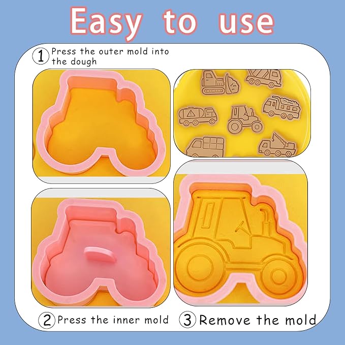 8 Pcs Construction Vehicle Themed Cookie Cutters Set Cute 3D Cartoon Excavators Bulldozers Biscuit Cookie Stamps for Party Cookie Baking Frosting Decoration Fondant Muffins Cheese Mousse