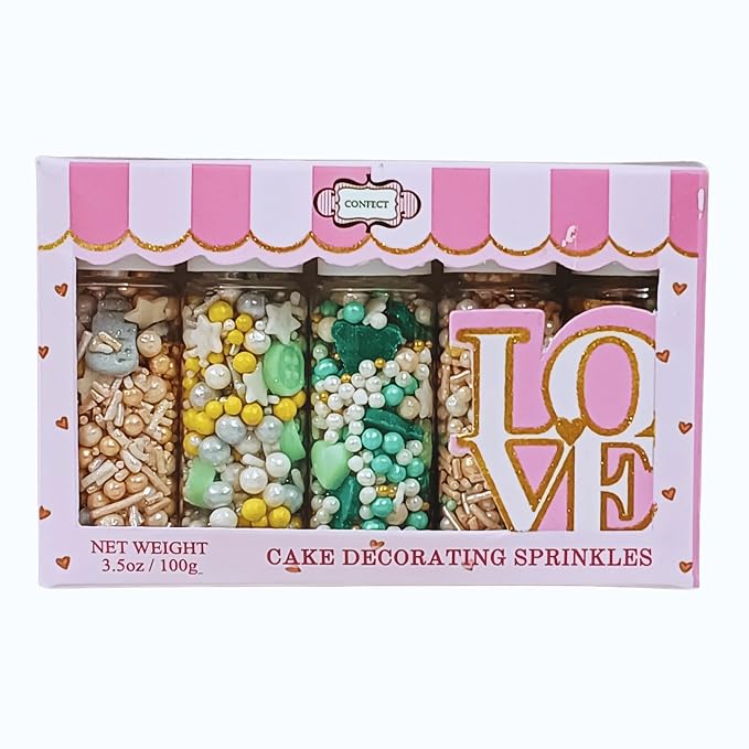 Confect Neutral Baby Shower Sprinkles | Mix Gold, Silver, Pearl & Sage Green Sprinkles | Assorted Pack of 5 Edible Mix Heart, Star, Baby Rattles & Baby Feed Bottle Sprinkles | Vegan, Gluten-Free, Nut-Free, Soy-Free, Dairy-Free, Palm Oil-Free - 5 Oz