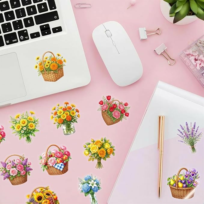 50 pcs Watercolor Flower Fruit Basket Clear PET Stickers, Colorful Rose Sunflower Floral Food Transparent Die-Cut Decals, Waterproof Stickers for Journal Scrapbook Planner Cottage DIY Decor