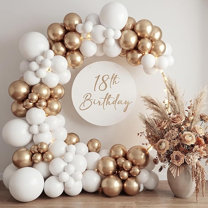 RUBFAC Chrome Gold Balloons 129pcs Different Sizes Pack of 18 12 10 5 Inch, Latex Metallic Gold Balloon Garland Arch Kit for Graduation Wedding Happy Birthday Party Decoration