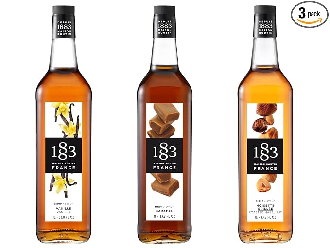 1883 Vanilla, Caramel, Roasted Hazelnut Syrups (Coffeehouse Favorites) for Coffee & Drinks – 1 Liter Glass Bottles (Pack of 3)