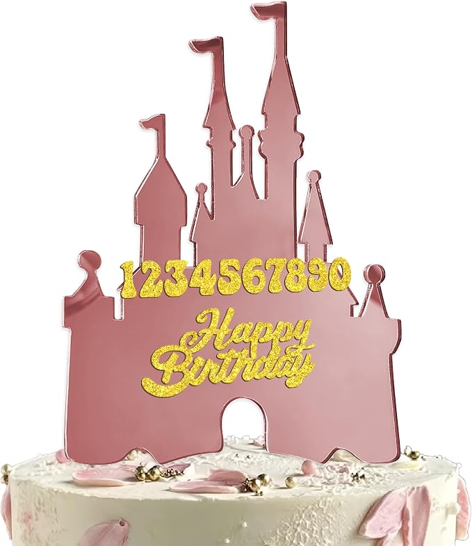 Rose Golden Castle Cake Topper with Numbers 0–9 – Princess Birthday Cake Decorations, Reusable Acrylic Happy Birthday Cake Topper Set for Girls Party Supplies (rose golden)