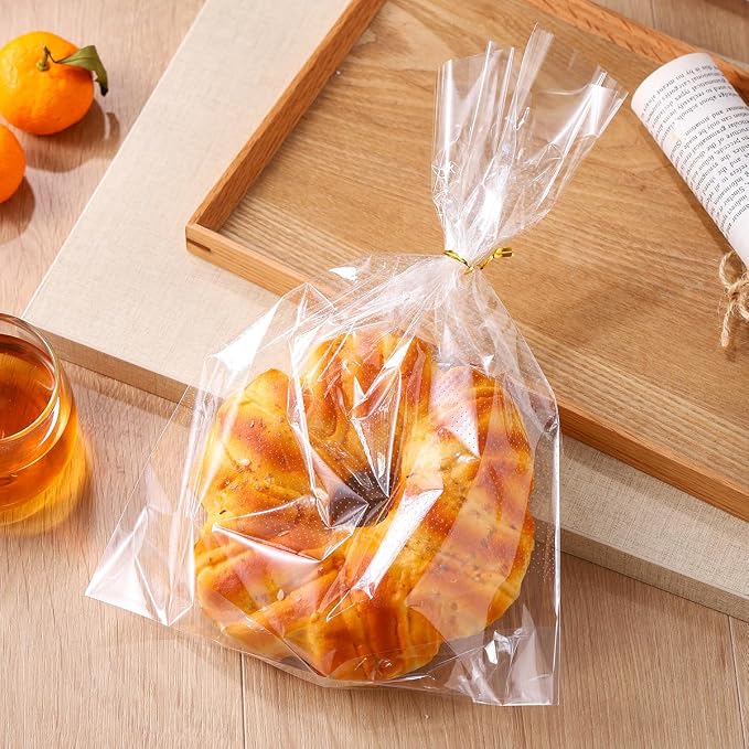 8 x 12 Inch Mirco Perforated Bread Bags, 100 Clear Plastic Bakery Bags With Free Twist Ties, Suitable for Mini Bun/Donut/Muffin/Bagel
