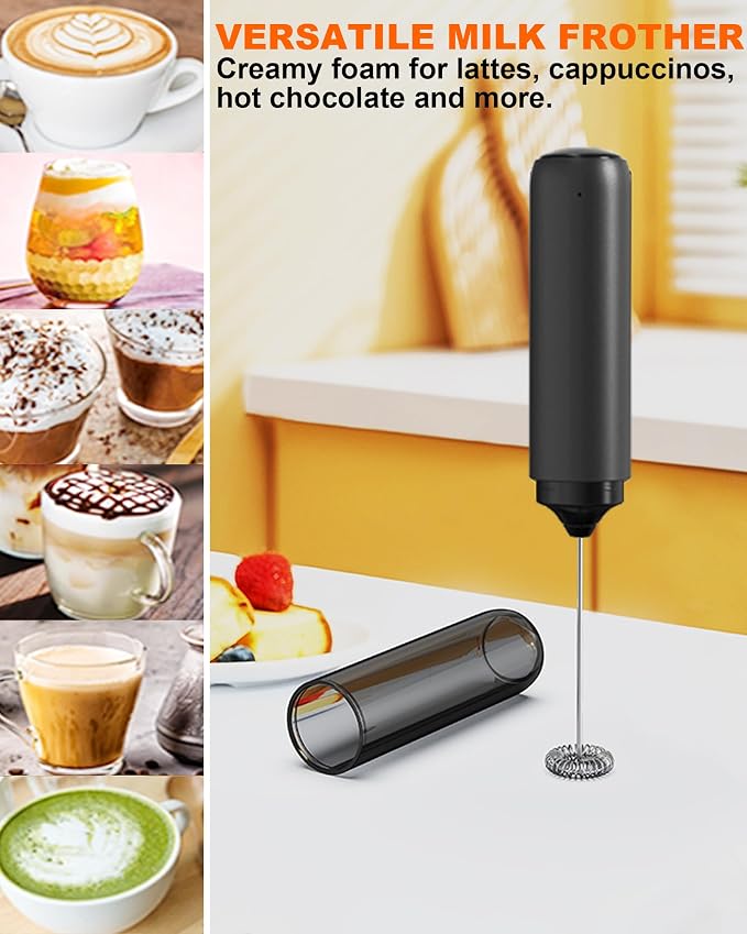 Rechargeable Milk Frother Handheld with Cover, Electric Drink Mixer with Stainless Steel Whisk - Portable Hand Frother Wand for Matcha Latte Cappuccino & Hot Chocolate, Single Speed