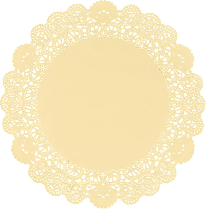 Pastry Tek 12 x 12 Inch Paper Lace Doilies, 100 Disposable Table Doilies - Elegant Lace Finish, Long Lasting, Yellow Paper Doily, for Pastries, Cupcakes, Desserts - Restaurantware