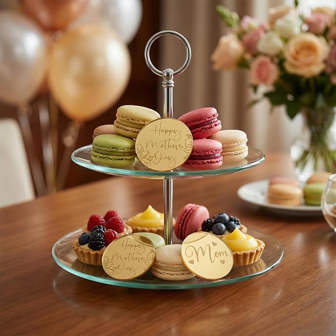20pcs Gold Happy Mothers Day Cupcake Toppers Mirror Acrylic Mom Cake Disc for Mothers Day Cake Decorations DIY Gift Flower Bouquet Decor