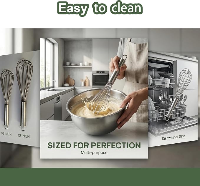304 Stainless Steel Whisk, 16 Wires Heavy Duty Kitchen Whisk for Mixing Whipping Eggs, Cream, Batter (12 inch)