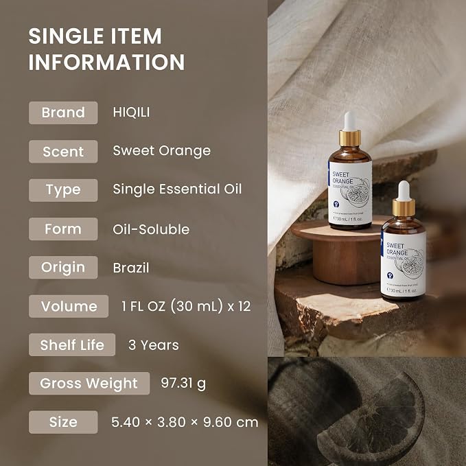 HIQILI Sweet Orange Essential Oil Set-1 fl oz (12 Pack) | Bulk Wholesale for Business, Air Freshening & Space Cleaning, DIY & Skin Care, for Hotel, DIY Studio, Gift & Household Stock