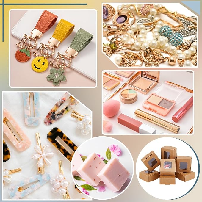 BENECREAT 60 Pack Square Clear Window Box, Brown Kraft Paper Container Party Favor Packaging Boxes, 2x2x1inch Foldable Design with Visible PVC Window for Wedding Treats & Crafts